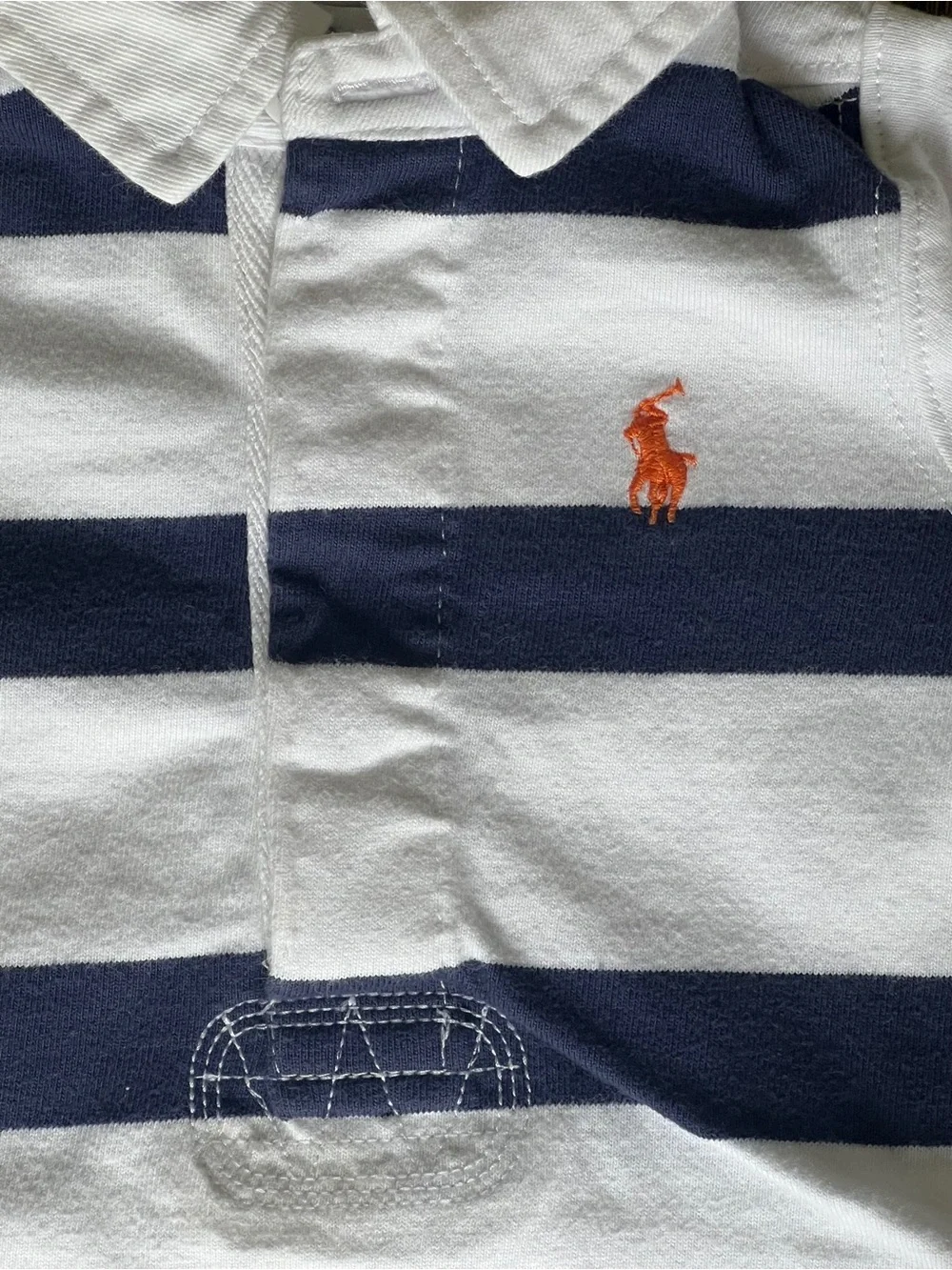 Ralph Lauren White & Navy Striped Polo Romper with Orange Pony